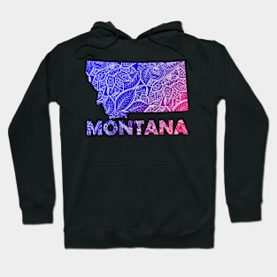 Colorful mandala art map of Montana with text in blue and violet Hoodie